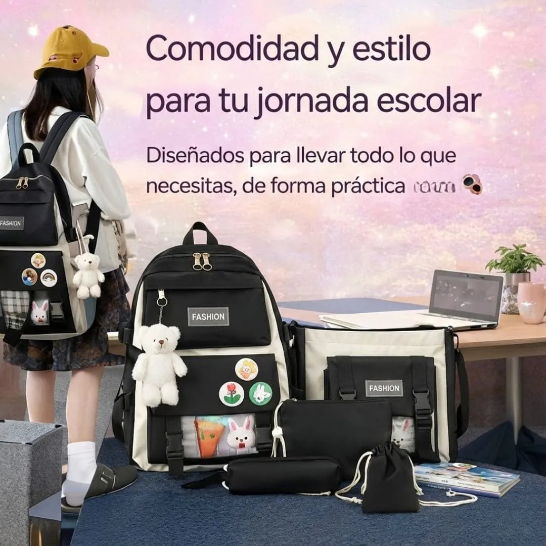Morral Multifuncional 5 Piezas Oso Plche | Estilo Coreano